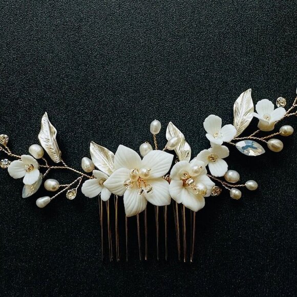 Bridal Pearl & Flower Hair Comb – Ivory Clay Floral Vine, Silver Accents - Picture 6 of 6